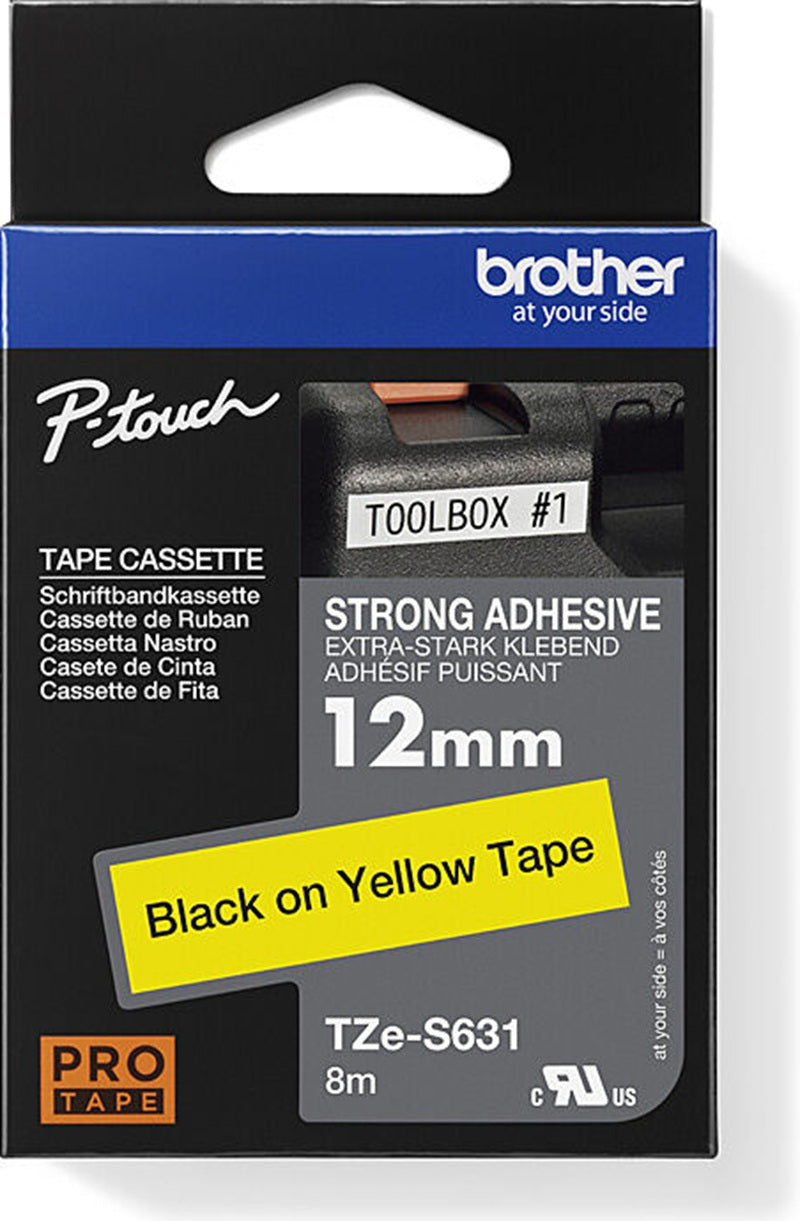Brother TZe-S631 Strong Fix Labelling Tape Black on Yellow 12mm x 8