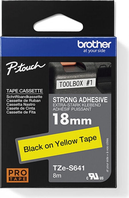 Brother TZe-S641 Strong Fix Labelling Tape Black on Yellow 18mm x 8m