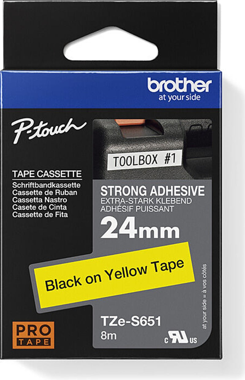 Brother TZe-S651 Strong Fix Labelling Tape Black on Yellow 24mm x 8