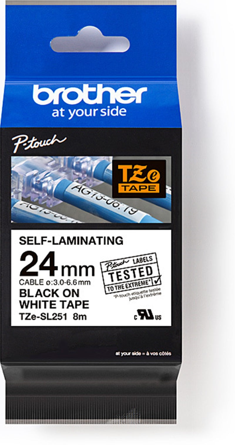 Brother TZe-SL251 Labelling Tape Black on White Self-Laminating 24mm x 8