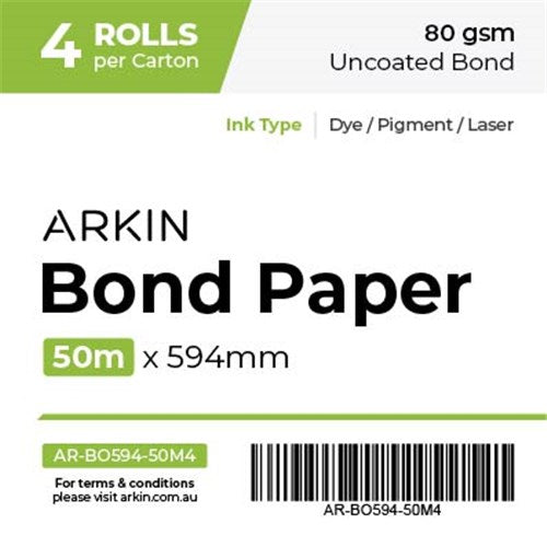 4 Rolls Arkin Bond Paper Uncoated Bond 80gsm 594mm x 50
