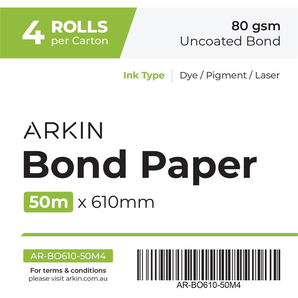 4 Rolls Arkin Bond Paper Uncoated Bond 80gsm 610mm x 50