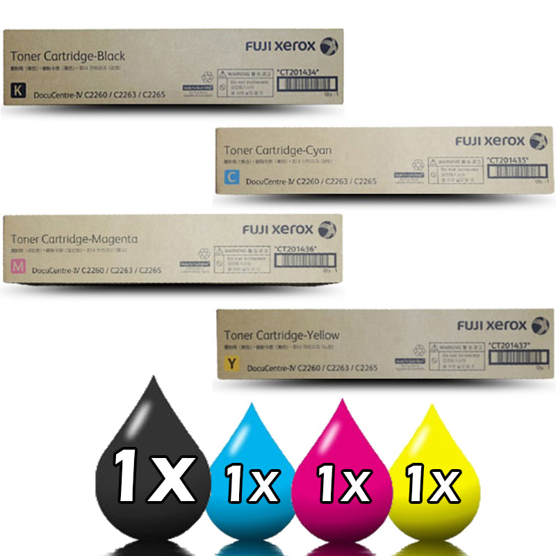 Genuine 4 Pack Fuji Xerox CT201434-CT201437 Toner Set 1BK,1C,1M,1Y IV C2260 C2263 C2265 (+ 1 Extra Black Toner Freebie)