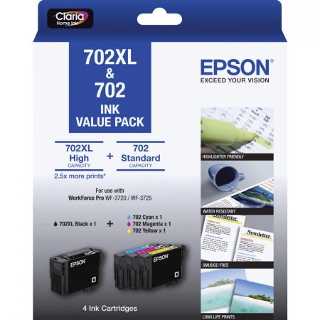 Genuine 4 Pack Epson 702XL BK/702 CLR Ink Cartridges WF3720, WF3725, WF3730 1BKXL,1C,1M,1Y