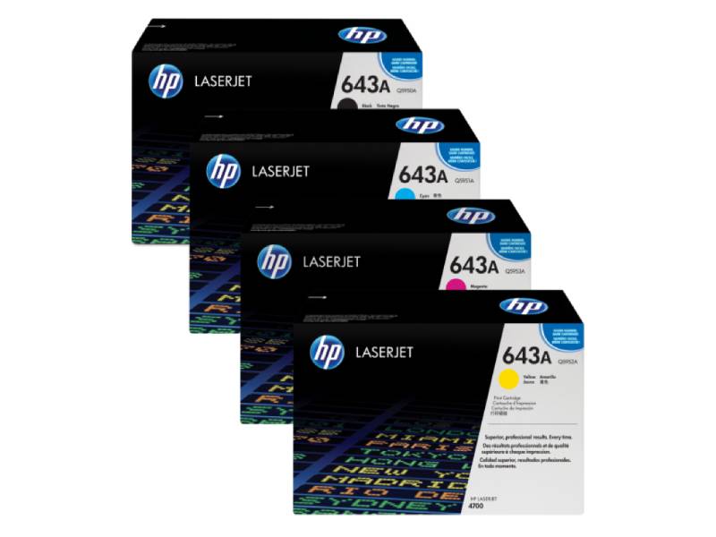 Genuine 4 Pack HP 643A Toner Cartridges Q5950A-Q5953A 1BK, 1C, 1M, 1Y