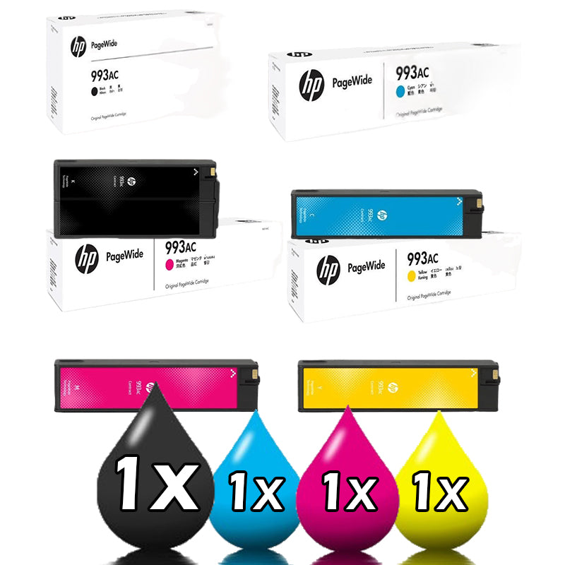 Genuine 4 Pack HP 993AC (X4D20AC-X4D17AC) Contract Toner Cartridges 1BK, 1C, 1M, 1Y
