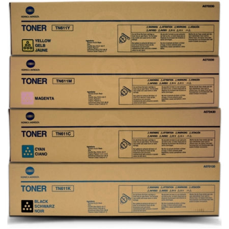 4-Pack Konica Minolta TN611 (A070150/450/350/250) Genuine CMYK Toner Cartridges - 45k/27k Print Yield