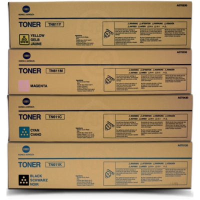4-Pack Konica Minolta TN611 (A070150/450/350/250) Genuine CMYK Toner Cartridges - 45k/27k Print Yield