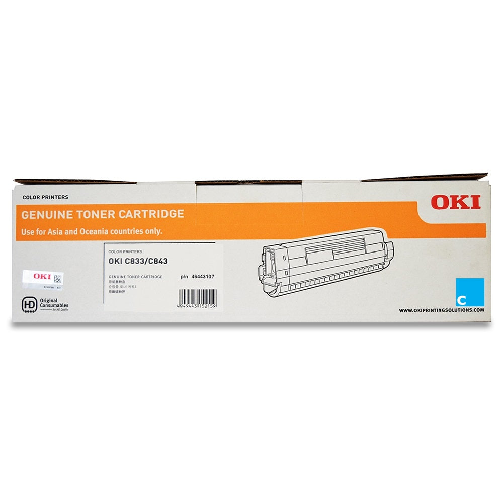Genuine OKI C833N 46443107 Cyan Toner Cartridge 10,000 Print