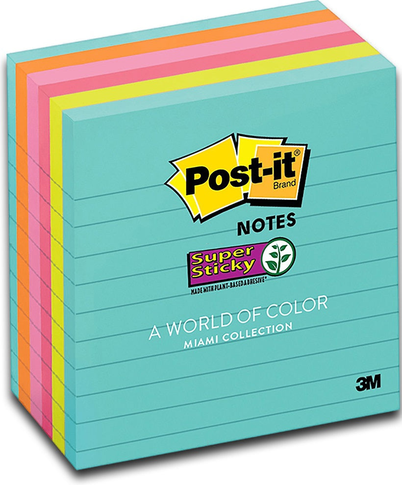Post-It Lined Super Sticky Notes Miami 101 x 101mm 6-Pack