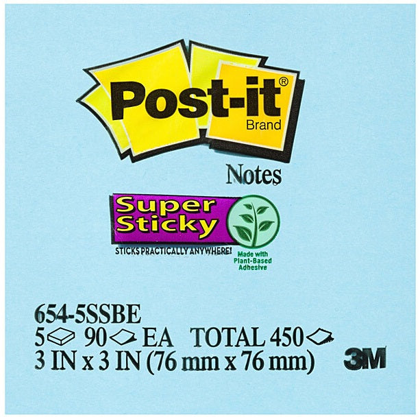 Post-It Super Sticky Notes Blue 76 x 76mm 5-Pack - Box of 4