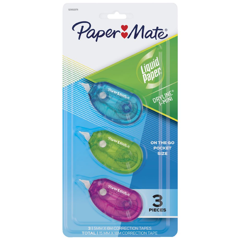Paper Mate Liquid Paper DryLine i-Mini Grip Recycled Correction Tape ~ Pack of 3/Box of 6