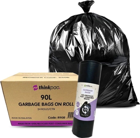 Carton of 24 Rolls 90L Black Bin Liners - Retail Packaging - 27micron Super Strong 8pc/Roll