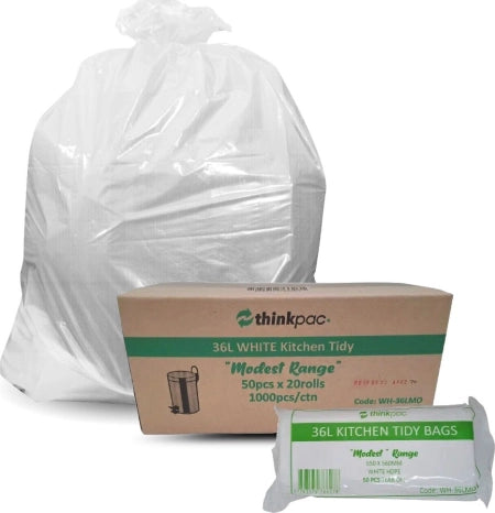 1000pcs 36L White Kitchen Tidy Bags Bin Liners Rubbish Bags 10 Micron Medium Strength 20 Packs/50pcs