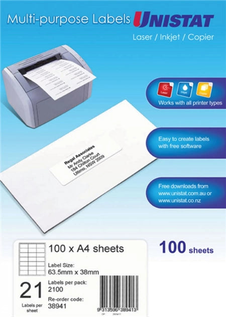 21UP AVERY Unistat 38941 multi-purpose Labels 63.5mm x 38mm 21 Labels/100 Sheets