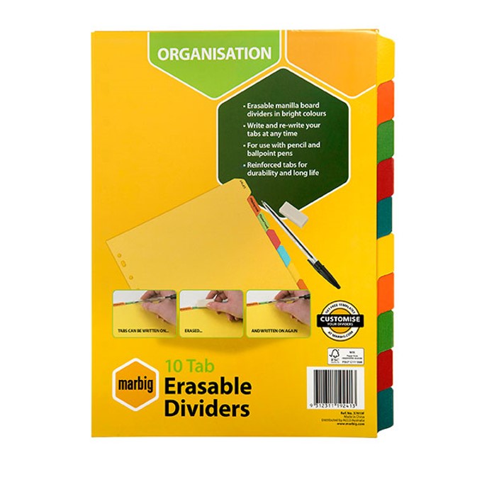 DIVIDERS MARBIG A4 MANILLA ERASABLE COL 10 TAB
