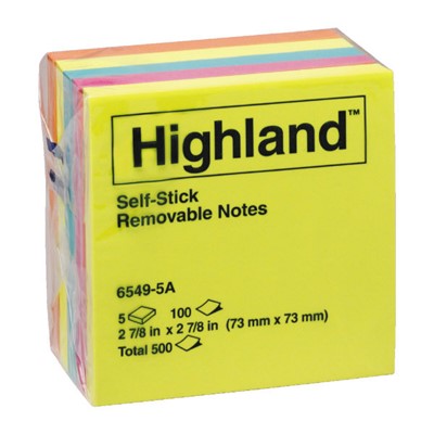 STICK ON NOTES HIGHLAND 6549-5A 73X73 ASST PK5