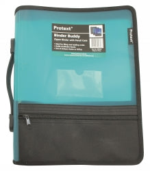 BINDER BUDDY PROTEXT A4 2 RING 25MM WITH ZIPPER,HANDLE,P/CASE,POCKETS AQUA