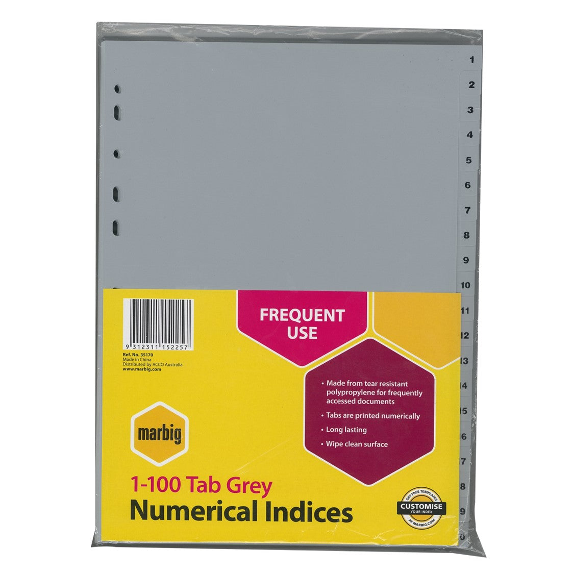 SP- DIVIDERS MARBIG A4 PP 1-100 GREY SKU: MAR35170