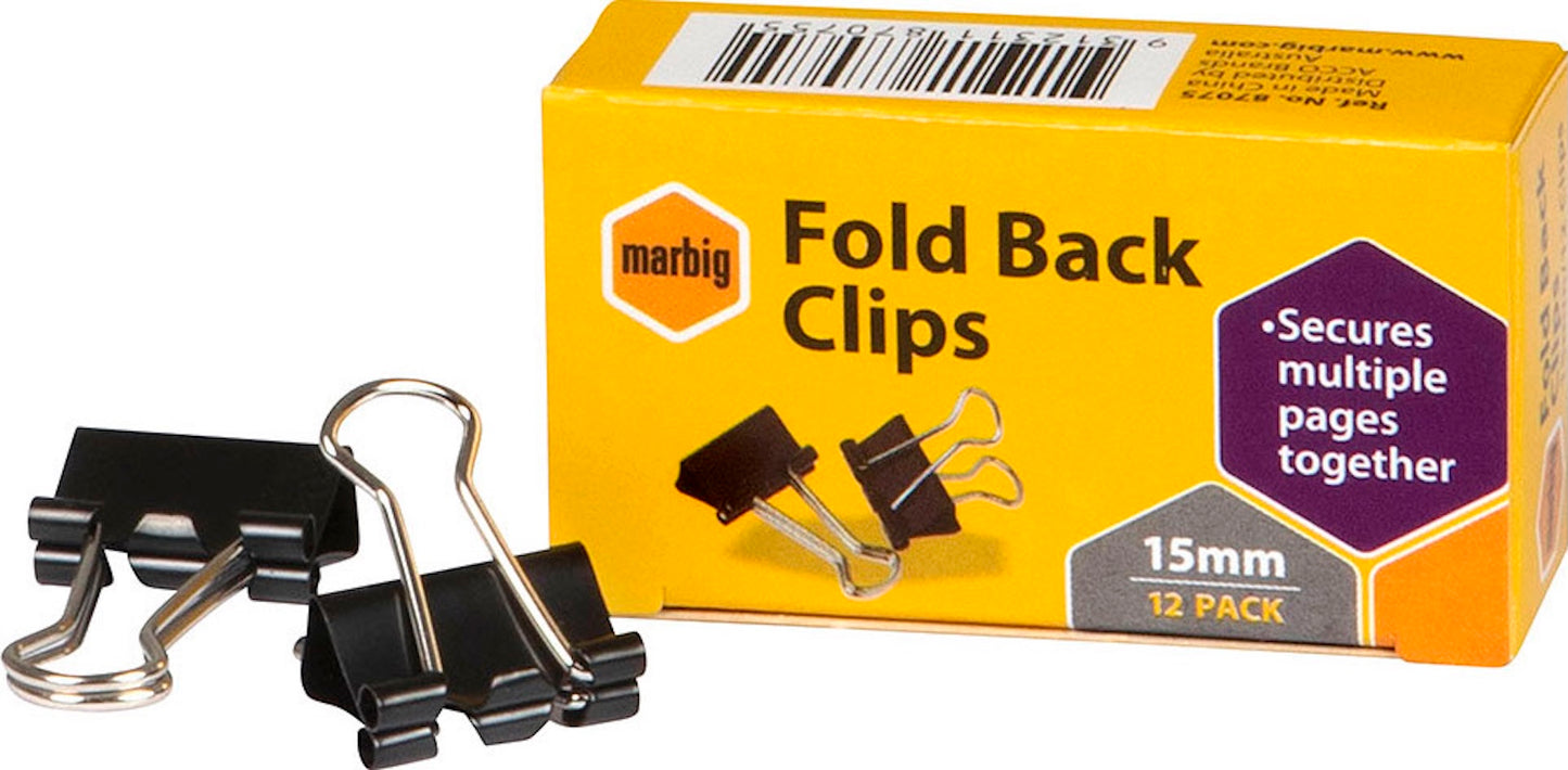 Marbig Foldback Clips 15mm Black Box Of 12