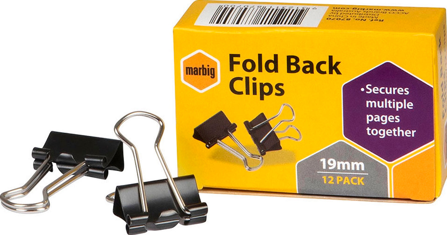 Marbig Foldback Clips 19mm Black Box Of 12