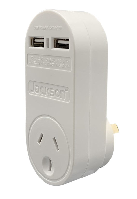 POWER ADAPTOR 240V WITH 2X USB CHARGING OUTLET