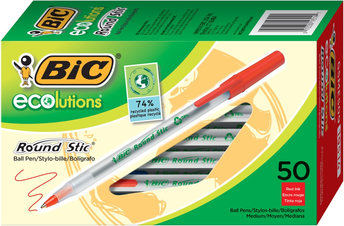 PEN BIC BP ECOLUTIONS ROUND STIC 1.0MM MEDIUM POINT RED PG BX50