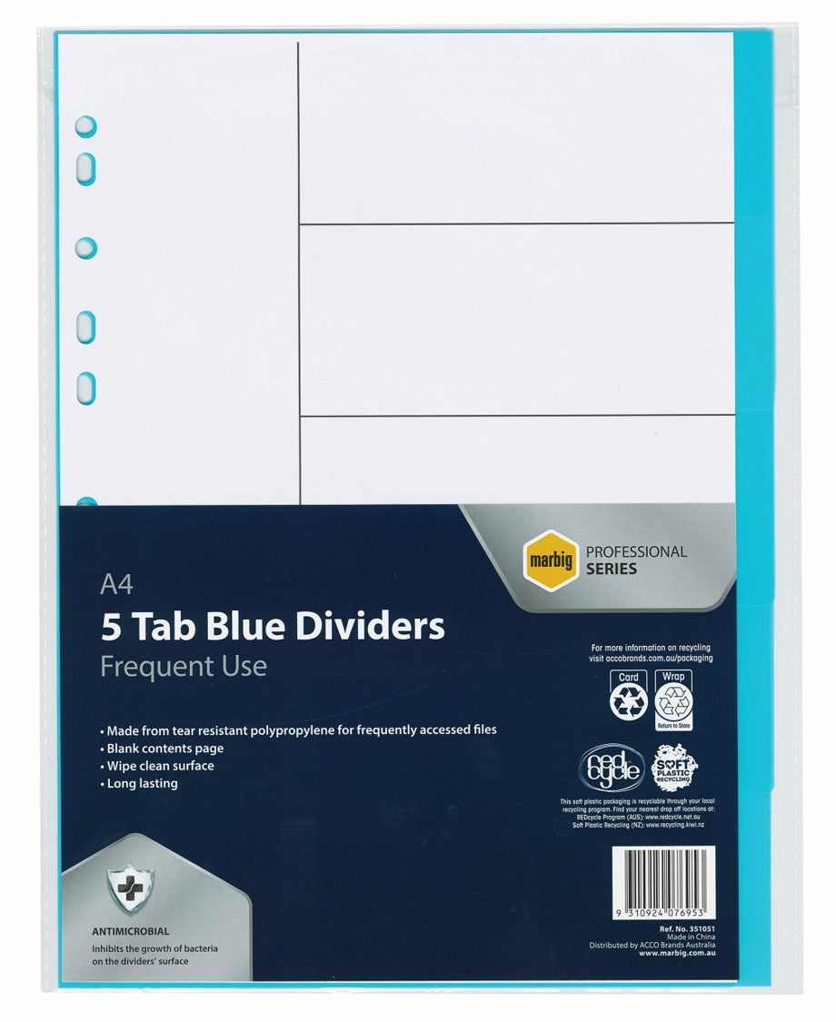 DIVIDERS MARBIG A4 PROFESSIONAL PP ANTIMIC 5TAB BLUE