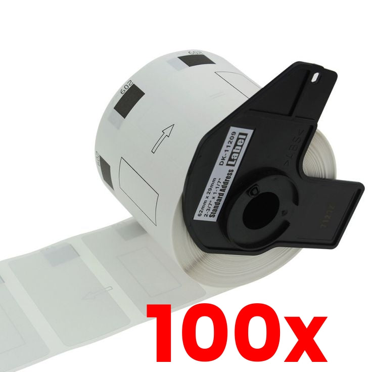 100 X Brother DK-11209 Labels Black on White Thermal Die-Cut Roll Compatible 800/rol