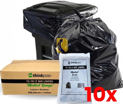 10 X 250pcs 73L-78L Black Bin Liners 16 Micron STD RANGE THICKNESS (Note: Thin Plastic Recommended for Very Light Items)