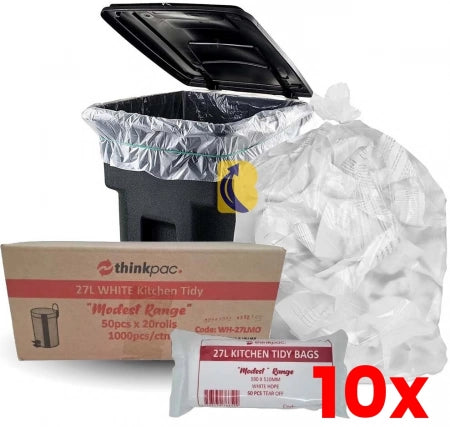 10 X Carton of 1000 27L White Bin Liners - 'Modest' Office / Kitchen 8 micron (Standard Strength)
