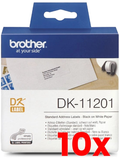 10 X Brother DK-11201 Black Text on White Thermal Die-Cut White Standard Address Label Roll 400/Roll 29mm x 90mm