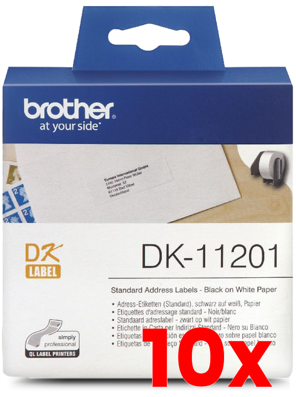10 X Brother DK-11201 Black Text on White Thermal Die-Cut White Standard Address Label Roll 400/Roll 29mm x 90m