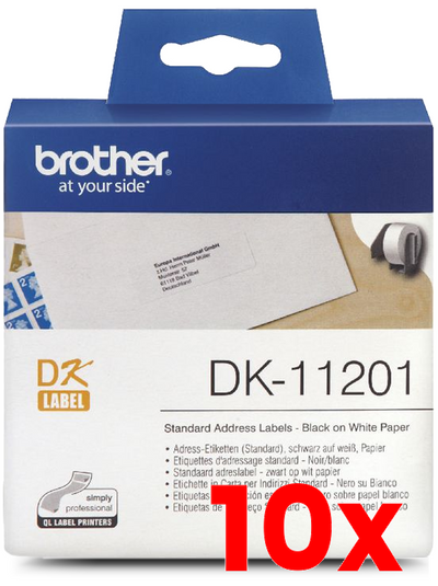 10 X Brother DK-11201 Black Text on White Thermal Die-Cut White Standard Address Label Roll 400/Roll 29mm x 90m