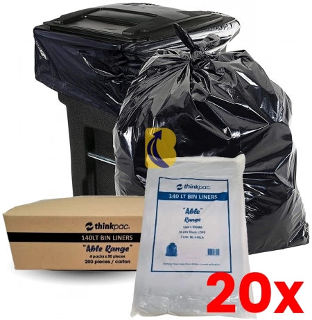 20 X Carton of 200 140L Black Bin Liners - Able 23 micron (Medium Strength)
