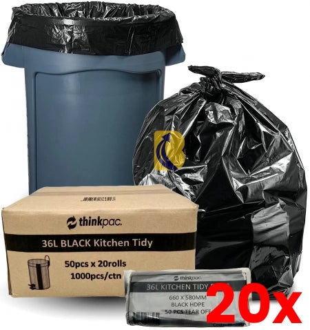 20 X Carton of 1000 36L Black Bin Liners 10 micron 660 x 590mm (Standard Strength)