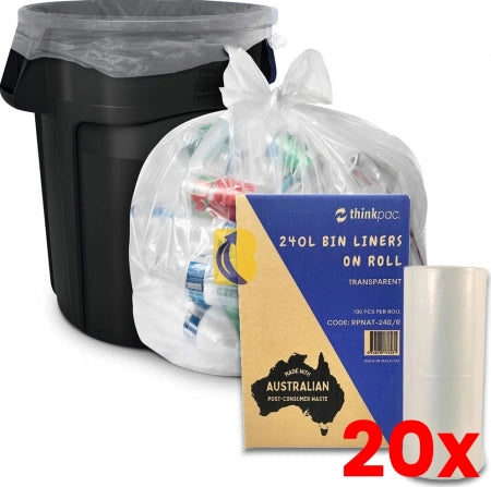20 X Carton of 100 240L Bin Liners - PCR Natural On Roll 22 micron (Standard Strength)