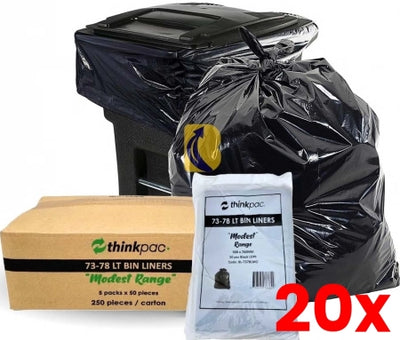 20 X 250pcs 73L-78L Black Bin Liners 16 Micron STD RANGE THICKNESS (Note: Thin Plastic Recommended for Very Light Items)