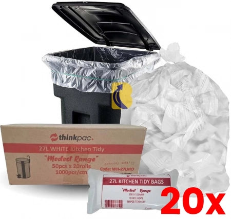 20 X Carton of 1000 27L White Bin Liners - 'Modest' Office / Kitchen 8 micron (Standard Strength)
