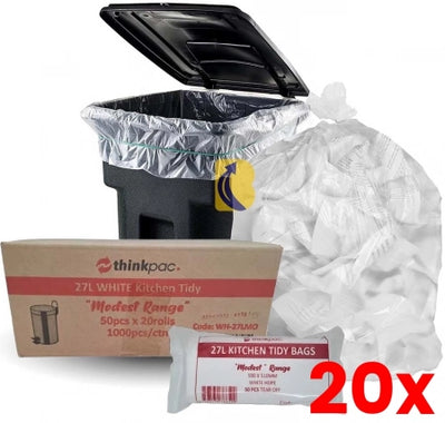 20 X Carton of 1000 27L White Bin Liners - 'Modest' Office / Kitchen 8 micron (Standard Strength)