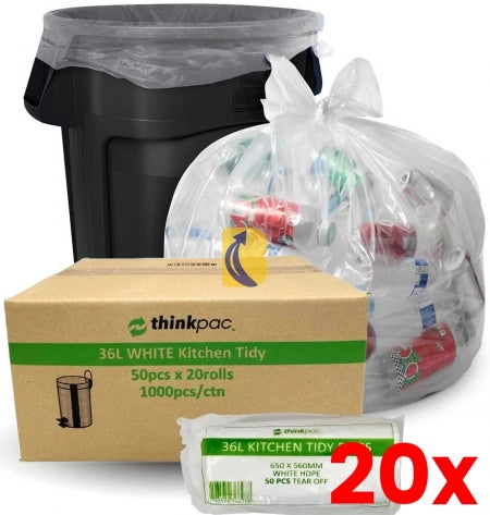 20 X 1000pcs 36L White Kitchen Tidy Bags Bin Liners Rubbish Bags 10 Micron Medium Strength 20 Packs/50pcs