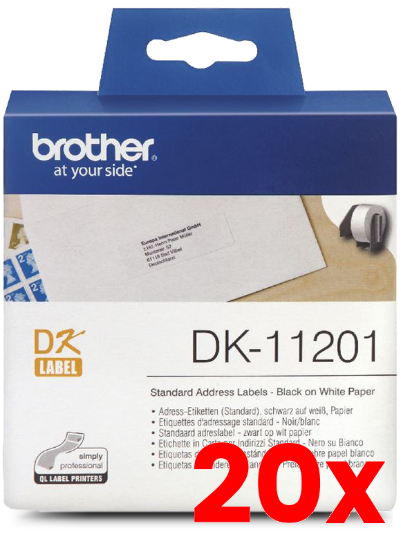 20 X Brother DK-11201 Black Text on White Thermal Die-Cut White Standard Address Label Roll 400/Roll 29mm x 90m