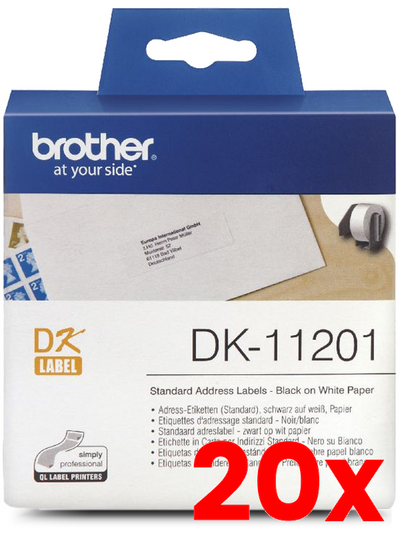 20 X Brother DK-11201 Black Text on White Thermal Die-Cut White Standard Address Label Roll 400/Roll 29mm x 90m