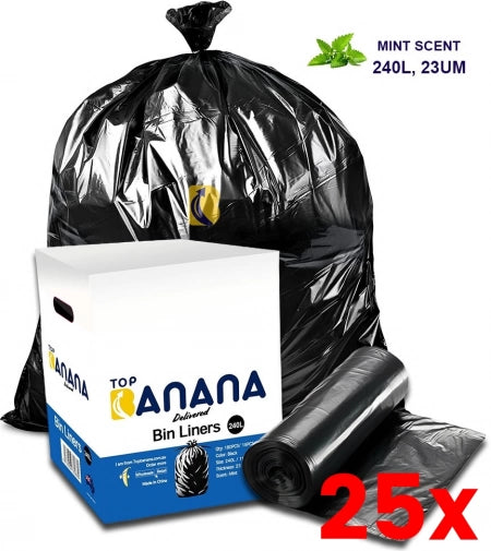 25 X Carton of 180 240L Heavy Duty Black Bin Liners - Mint scented - 23 micron (Medium Strength)
