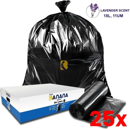 25 X Carton of 2000 18L Black Bin Liners - 11 micron - (Standard Strength) - Lavender scented