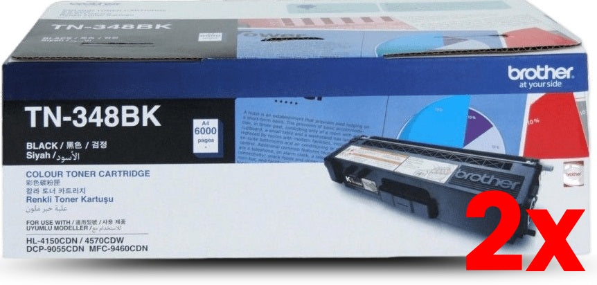 2 X Genuine Brother TN348BK Black Toner Cartridge 6000 Page