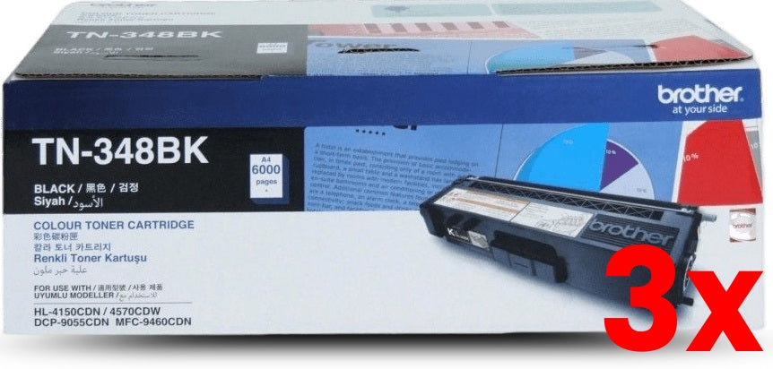 3 X Genuine Brother TN348BK Black Toner Cartridge 6000 Page