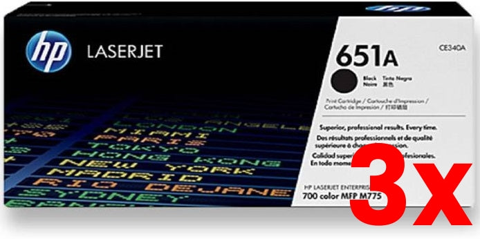 3 X Genuine HP 651A CE340A Black Toner Cartridge 13,500 Page