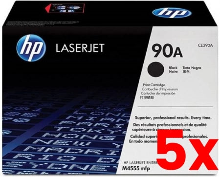 5 X Genuine HP 90A CE390A Black Toner Cartridge 10,000 Prints