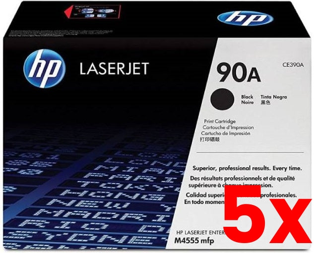 5 X Genuine HP 90A CE390A Black Toner Cartridge 10,000 Prints